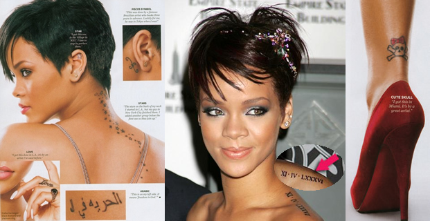 Rihanna's tattoos in his hand and ribs guns